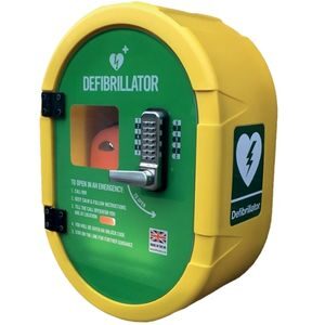 A DefibSafe cabinet with a green door