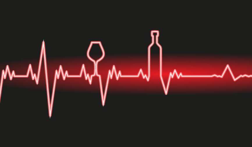 A stylised image of a heart monitor depicting a wine glass and bottle